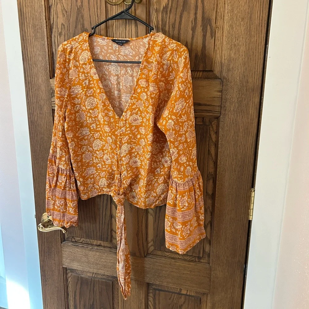 American Eagle Outfitters Orange Floral Boho Blouse Medium - Picture 3 of 9